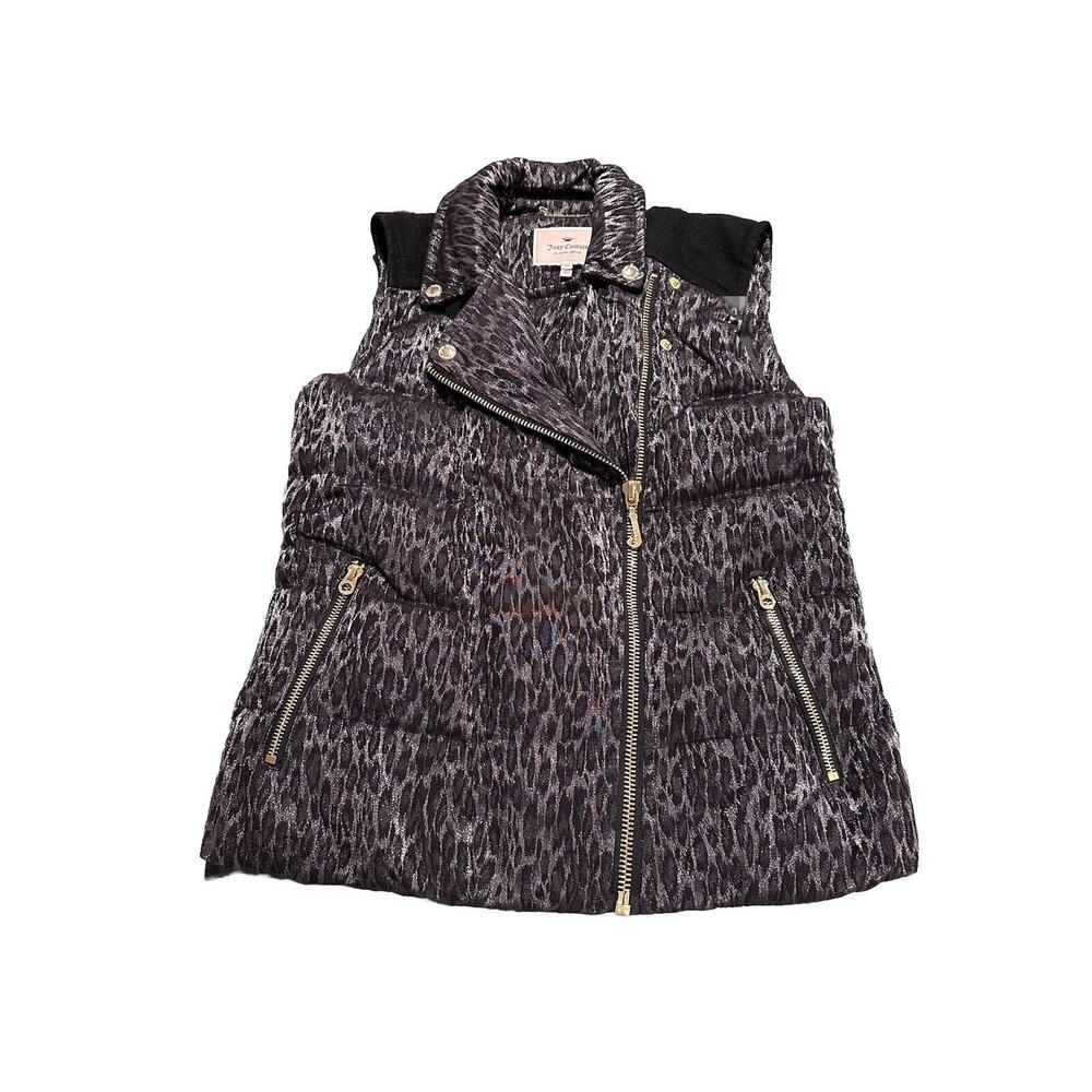 JUICY COUTURE WOMENS BLACK MEDIUM METALLIC LEOPARD PUFFER VEST ORG. $218
